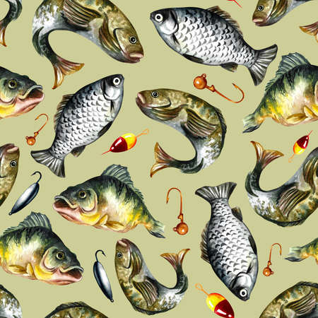 pattern, seamless texture with fish floats and hooks for the angler. Watercolor illustration.の写真素材