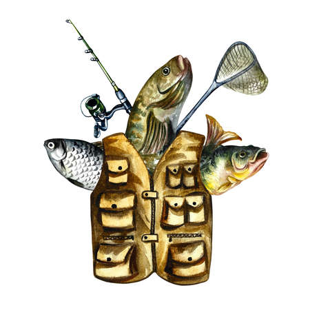 Composition for the angler. Vest, fish and fishing rod Watercolor illustration. For design fishing solutions.の写真素材