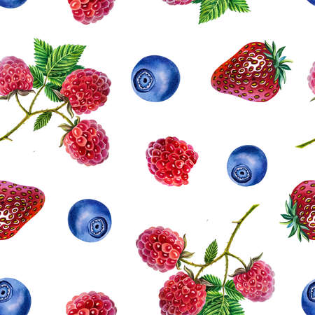 Berry pattern. Seamless pattern with strawberries, raspberries and blueberries. Watercolor. For...