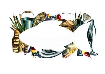 Fishing frame. Fishing gear. Watercolor illustration. Design for fishing.の写真素材