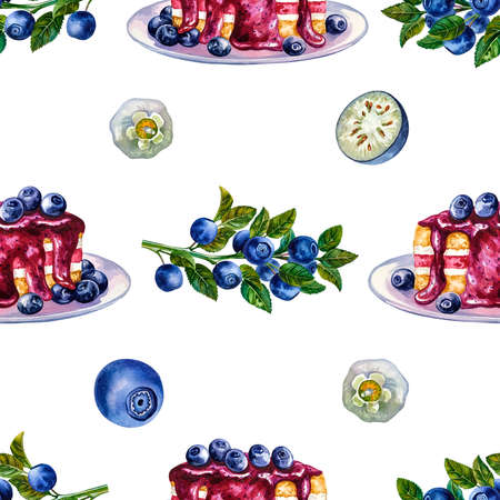 Blueberry pattern. Seamless pattern with blueberries and cake. Watercolor. For packaging, labels and textiles.の写真素材