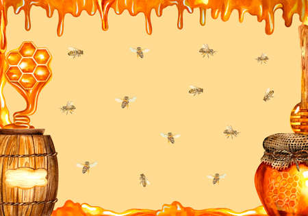 Honey. Design frame on the theme of honey. Watercolor illustration. For design solutions for...
