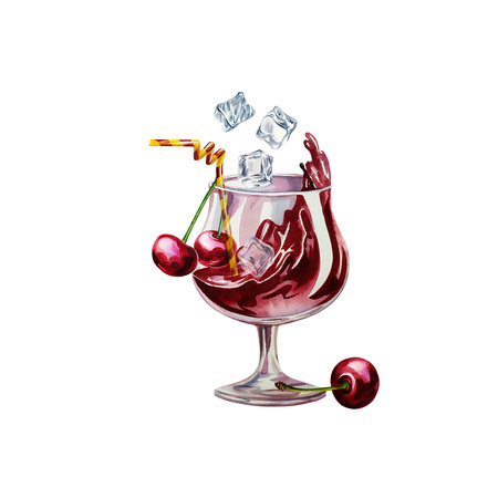 Cherry juice in a glass goblet with ice cubes. Watercolor illustration. For design labels, packaging and bannersの写真素材