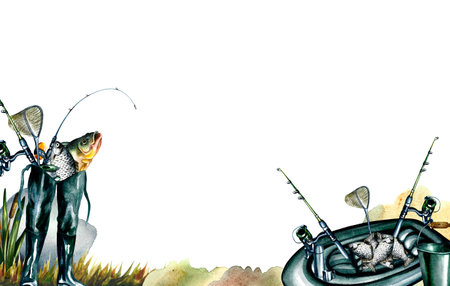 Fishing, banner. Fishing tackle. Fishing rods, boat and rubber boots. Watercolor illustration. For the design of bannersの写真素材