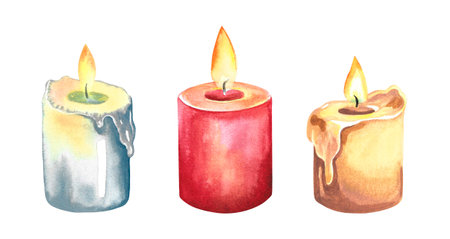 Burning candles, set. Watercolor illustration. Isolate. To build a composition. For greeting and invitation cardsの写真素材