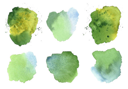 Green watercolor stains. Watercolor illustration, backgrounds isolated on whiteの写真素材
