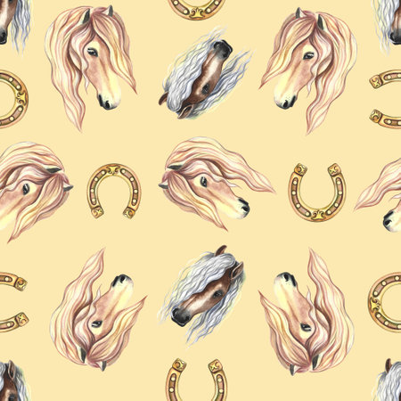 Seamless pattern with a portrait of a horse and a horseshoe. Watercolor painted by hand. For printing textiles and labelの写真素材