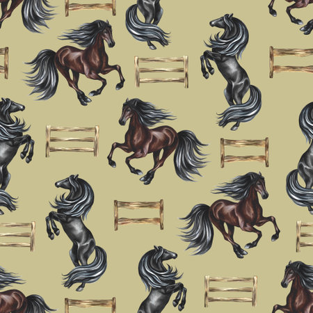 Seamless pattern with horses and wooden hurdles. Watercolor painted by hand. For printing, textiles and labels.の写真素材