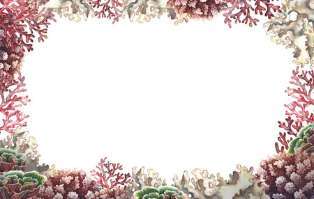 Coral frame. Undersea world. Watercolor hand drawn. Aquarium, tropical reef. Concept for label, business card and bannerの写真素材
