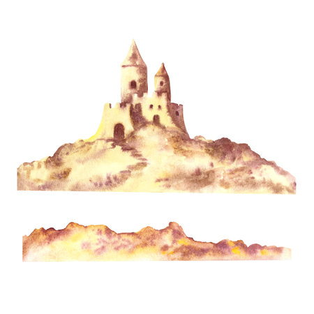sand castle,beach sand isolated on white background. Watercolor hand drawn illustration. Designed for flyers, banners and postcards. For invitations, posters and labels.の写真素材