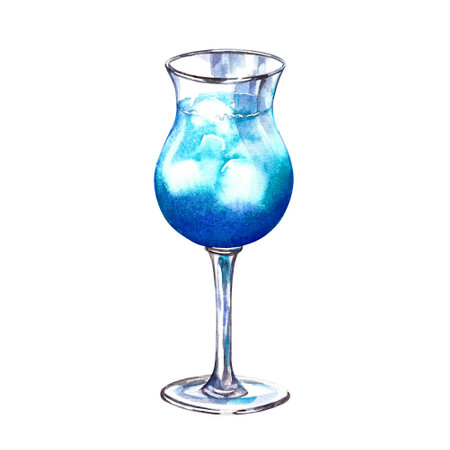 Blue Hawaiian alcoholic cocktail with ice cubes. Isolated on white background. Watercolor hand drawn illustration. Designed for menus, flyers, banners. For invitations, labels and packaging.の写真素材