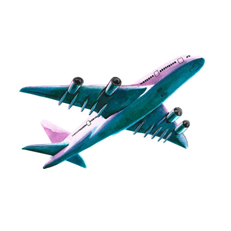 Passenger plane. Isolate on white background. Watercolor hand drawn illustration. Designed for flyers, banners, postcards. For invitations, posters, labels and packaging. For stickers, prints.の写真素材