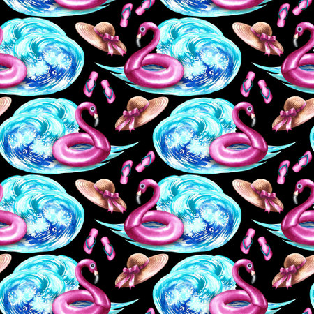 Seamless pattern with sea wave and beach holiday attributes. On a black background. Watercolor hand drawn illustration. For background, flyers, banners, postcards. For labels, packaging and textiles.の写真素材