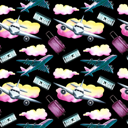 Seamless pattern with passenger planes, suitcases, tickets and clouds on a black background. Watercolor hand drawn illustration. Designed for backgrounds, flyers, banners. For packaging and textiles.の写真素材