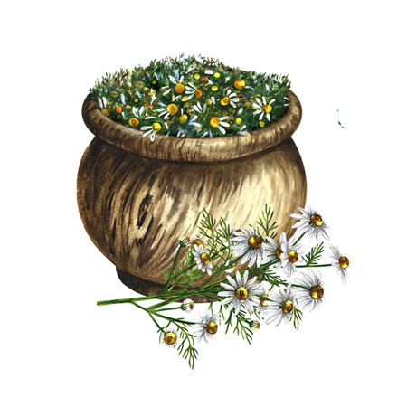 Pharmacy chamomile. Dry, crushed in a wooden pot. Herbal soothing tea. Isolate on white background. Watercolor hand drawn illustration. Healthy tea and medicinal herb. For packaging, label and banner.の写真素材