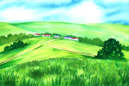 Rural summer landscape. Watercolor hand drawn illustration, rural view - fields and meadows, old village. For flyer banner advertising backgrounds. farm food package. For painting on the wall, poster.の写真素材