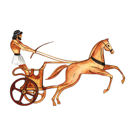 Ancient Greek chariot rider with a horse. Greek painting. Hand drawn watercolor. Isolate on white background. For banners, prints and textiles. For packaging, labels and postcards.の写真素材
