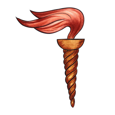 Torch of ancient Greece. Golden emblem on a white background. Hand drawn watercolor illustration. Isolate. For the design of banners, packaging and labels. For postcards, prints and textiles.の写真素材