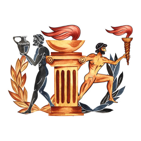 Composition with Ancient Greek elements and athletes. Torch, column, laurel wreath. In the style of ancient Greek art painting. Hand drawn watercolor illustration. For banner, print, textile.の写真素材