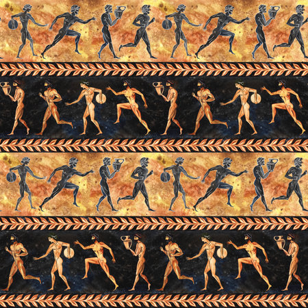 Seamless pattern with ancient Greek athletes. In the style of ancient Greek art of painting a vase. Hand drawn watercolor. On a textured background with horizontal black and ocher stripes.の写真素材