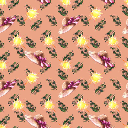 Seamless pattern with tropical palm branches, hats and the sun. On a pink background. Watercolor...