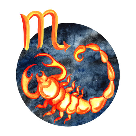 Scorpio. Zodiac sign by horoscope. The watercolor is hand-drawn. Artistic, color, colorized illustration. On a round dark blue background. For astrological forecasts, calendars, printed products.の写真素材