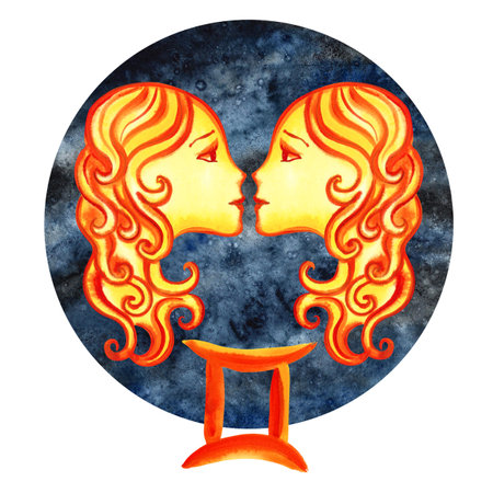 Gemini. Zodiac sign by horoscope. The watercolor is hand-drawn. Artistic, color, colorized illustration. On a round dark blue background. For astrological forecasts, calendars, printed products.の写真素材