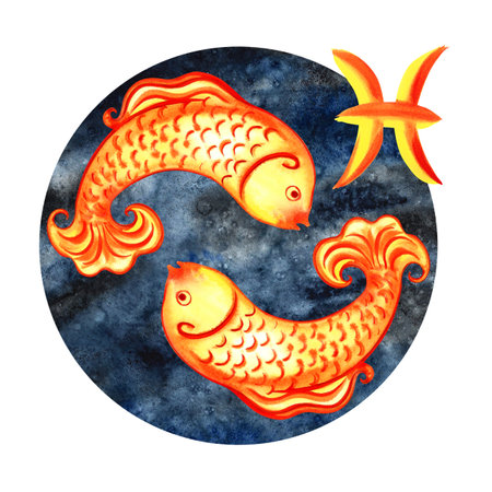 Pisces. Zodiac sign by horoscope. The watercolor is hand-drawn. Artistic, color, colorized illustration. On a round dark blue background. For astrological forecasts, calendars, printed products.の写真素材