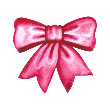 Pink bow. Handmade watercolor illustration. Elegant bow tied with a ribbon. Isolate. For greeting...