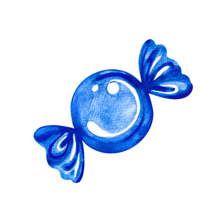 The caramel candy is wrapped in a blue wrapper. Handmade watercolor illustration. Isolate. For greeting cards, stickers and decorations, compositions and labels, packaging and prints.の写真素材