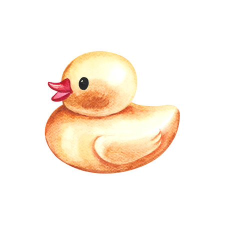 Yellow duck toy. Childrens bath toy. Handmade watercolor illustration. Isolate. For compositions of postcards, banners, stickers and decorations, labels, packaging and prints.の写真素材