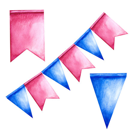 Festive garlands of flags. Pink and blue. Decorative elements of holidays and parties. Handmade watercolor illustration. Isolate. For the design of greeting cards, flyers, banners and posters.の写真素材