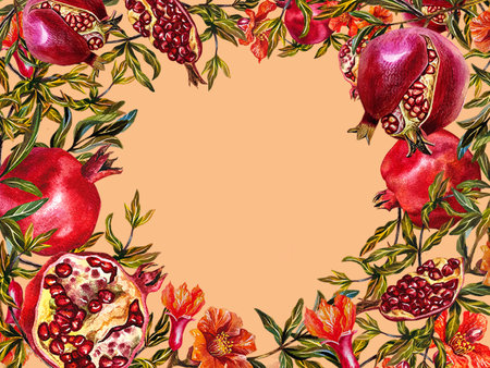 Pomegranate. A frame of pomegranate fruits on a branch, a burst, cut pomegranate and flowers. Watercolor illustration drawn by hand. For posters, juice labels, packaging. For invitation cards, flyers.の写真素材