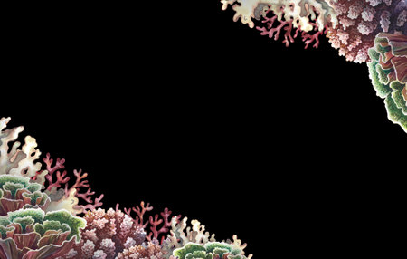 Coral frame. Underwater world. Hand-drawn in watercolor. On a black background. Aquarium, tropical, reef. The concept of a label, business card and banner, postcard and flyer, brochure template.の写真素材