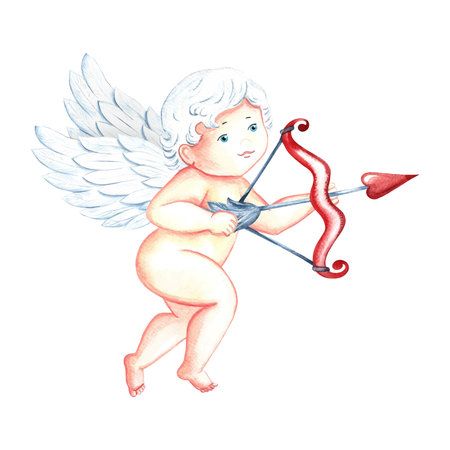 Cute charming Cupid with a bow and arrow. Baby Cupid, little angel or god Eros. Watercolor illustration, hand-drawn. Conceptual design for Valentines Day and wedding. For postcards, print, packagingの写真素材