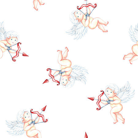 Seamless pattern with cute cupids with bow and arrow. Little angels. Hand-drawn watercolor illustration. For Valentines day and wedding. For postcards, prints, textiles, wrapping paper, packaging.の写真素材