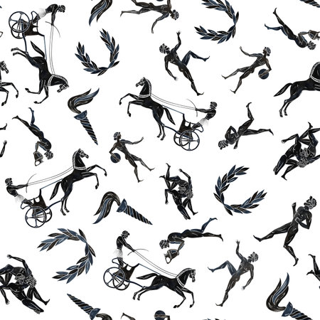 Seamless pattern with ancient Greek athletes. In the style of ancient Greek painting. Hand-painted watercolor. Black silhouettes of athletes. For textiles, prints, backgrounds. For packaging, labels.の写真素材