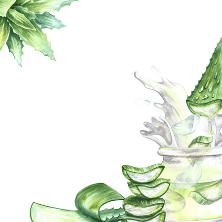 The frame is made of Aloe vera. Crushed pieces and aloe juice. Hand-painted in watercolor. For labels and packaging of cosmetics, perfumes and medicine. For stickers and prints.の写真素材