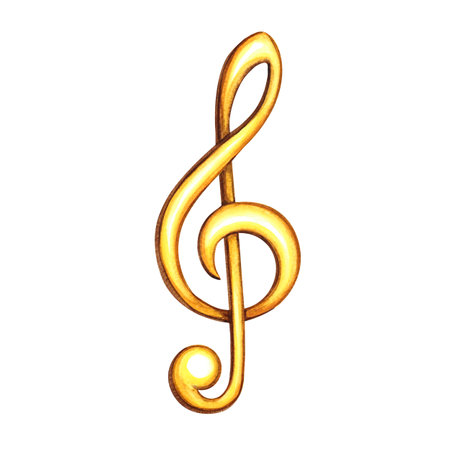 The golden treble clef. The watercolor illustration is hand-drawn. Isolate. For logos, badges, stickers and prints. For postcards, business cards, flyers and posters.の写真素材