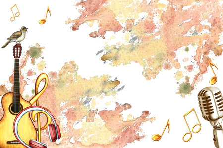 The frame is musical with a guitar, microphone and treble clef on watercolor splashes. The watercolor illustration is drawn. For posters, flyers and invitation card. For greeting card and certificate.の写真素材