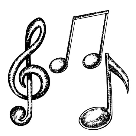 Flat icons of musical notes. Graphic vector black and white illustration. Highlight it. For posters, flyers and invitation cards. For banners and postcards. For logos, badges, stickers and prints.のイラスト素材