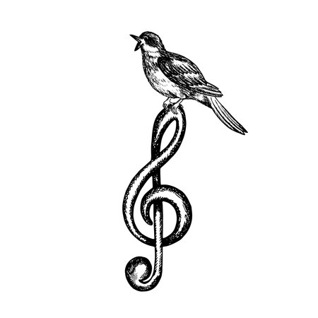 Musical treble clef with a singing nightingale, graphic vector black and white illustration. For logos, badges, stickers and prints. For postcards, business cards, flyers.のイラスト素材