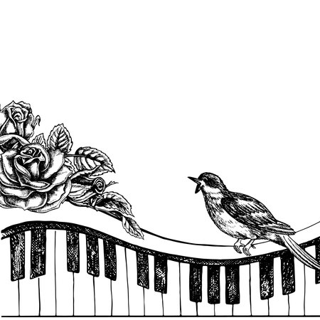 Musical piano or synthesizer keys decorated with roses with a nightingale, graphic vector black and white illustration. For the design of posters, flyers and invitation cards. For banner and postcardのイラスト素材