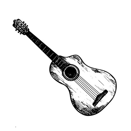 The guitar is six-stringed. Graphic vector black and white illustration. Highlight it. For logos, badges, stickers and prints. For postcards, business cards, flyers and posters.のイラスト素材