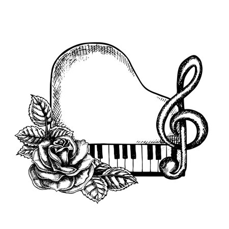 Grand piano, top view, with treble clef and roses. Graphic vector black and white illustration. For posters, flyers and invitation cards. For banners and postcards. For logos, badges, stickers.のイラスト素材