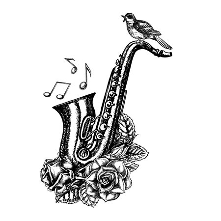 Saxophone with musical notes, decorated with roses and a nightingale, graphic vector black and white illustration. For posters, flyers and invitation cards. For logos, badges, stickers and prints.のイラスト素材