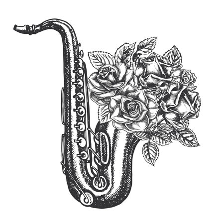 Saxophone decorated with roses, graphic vector black and white illustration. For posters, flyers and invitation cards. For banners and postcards. For logos, badges, stickers and prints.のイラスト素材