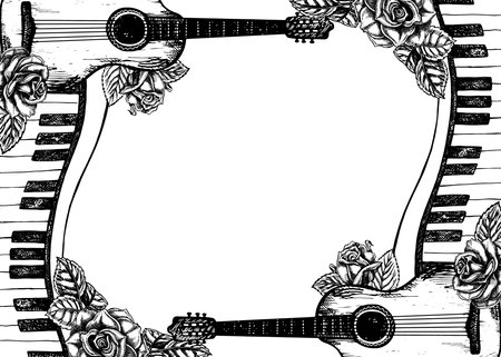Musical frame with guitars, piano keys, roses, graphic vector black and white illustration. For posters, flyers and invitation cards. For greeting cards and certificates.のイラスト素材