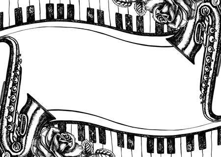 Frame with saxophone, roses and musical keys, graphic vector black and white illustration. For posters, flyers and invitation cards. For banners and postcards. For logos, badges, stickers and prints.のイラスト素材