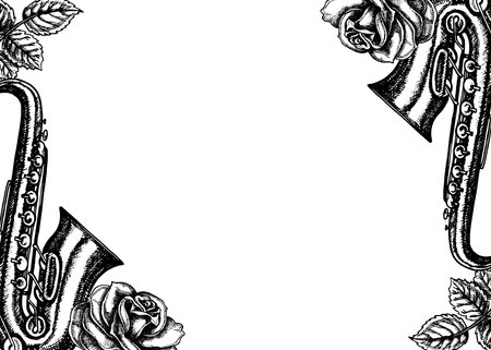 Frame with saxophone and roses, graphic vector black and white illustration. For posters, flyers and invitation cards. For banners and postcards. For logos, badges, stickers and prints.のイラスト素材